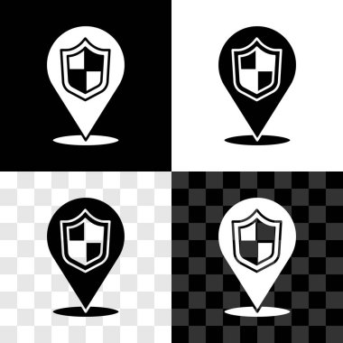 Konum kalkanı simgesini siyah beyaz, şeffaf arkaplanda izole et. Sigorta konsepti. Gardiyan. Güvenlik, güvenlik, koruma, gizlilik kavramı. Vektör.