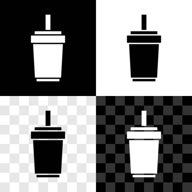 Siyah beyaz, şeffaf arkaplanda izole edilmiş pipet ve su ikonuna sahip kağıt bardak seti. Soda bardağı. Taze soğuk içecek sembolü. Vektör.