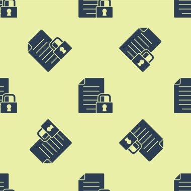 Mavi Belge ve kilit simgesi sarı arkaplanda izole edilmiş pürüzsüz desen. Dosya biçimi ve asma kilit. Güvenlik, güvenlik, koruma kavramı. Vektör.