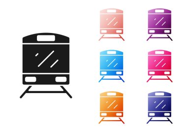 Siyah tren simgesi beyaz arkaplanda izole edildi. Toplu taşıma sembolü. Metro treni nakliyesi. Metro yeraltı. Simgeleri renklendirin. Vektör.