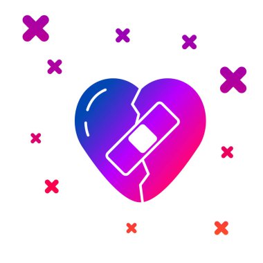 Kırık kalp ya da boşanma simgesi beyaz arka planda izole edilmiş. Parçalanmış ve kalbi yamalanmış. Aşk sembolü. Sevgililer Günü. Kademeli rastgele dinamik şekiller. Vektör.