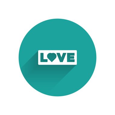 Beyaz Aşk metin ikonu uzun gölgeli izole edilmiş. Sevgililer Günü tebrik kartı şablonu. Yeşil daire düğmesi. Vektör.