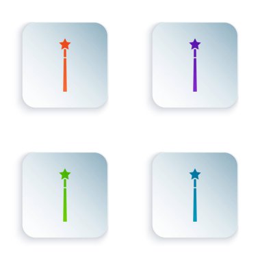 Beyaz arkaplanda izole edilmiş renkli sihirli değnek simgesi. Yıldız şeklinde sihirli aksesuar. Sihirli güç. Kare düğmelere renkli simgeleri yerleştir. Vektör.