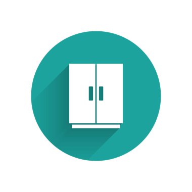 Beyaz Gardırop ikonu uzun gölgeli izole edilmiş. Yeşil daire düğmesi. Vektör.