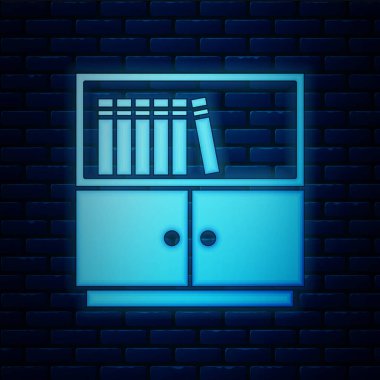 Parlayan neon kütüphanesi kitaplığı simgesi tuğla duvar arka planında izole edildi. Vektör.
