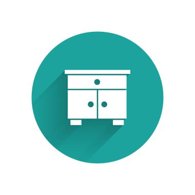 Uzun gölgeli beyaz mobilya komodininin simgesi. Yeşil daire düğmesi. Vektör.