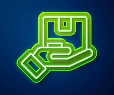 Parlayan neon hattı sigorta ikonu mavi arka planda izole edildi. Kalkanın ötesinde sigorta kutuları var. Vektör.