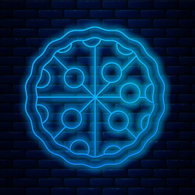 Parlayan neon hattı Pizza simgesi tuğla duvar arkasında izole edilmiş. Fast food menüsü. Vektör.