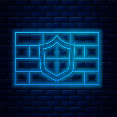 Parlayan neon hattı kalkanı ve tuğla duvar arkasında siber güvenlik tuğlası ikonu var. Veri koruma sembolü. Güvenlik duvarı. Ağ koruması. Vektör.