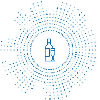 Beyaz arka planda izole edilmiş cam ikonlu mavi çizgi şampanya şişesi. Soyut çember rastgele noktalar. Vektör.