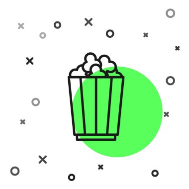 Beyaz arka planda izole edilmiş karton kutu ikonundaki siyah çizgi patlamış mısır. Patlamış mısır kutusu. Vektör.