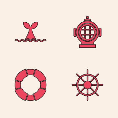 Gemi dümenini, Balina kuyruğu okyanus dalgasını, Aqualung ve Lifebuoy simgesini ayarlayın. Vektör.