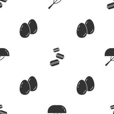 Mutfak çırpıcısını ve kaseyi, Macaron kurabiyesini ve Paskalya yumurtalarını kusursuz bir kalıba sokun. Vektör.