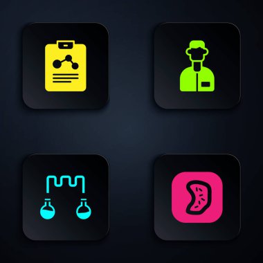 Bakteri, kimya raporu, deney tüpü, matara ve laboratuvar asistanı ayarla. Siyah kare düğme. Vektör.