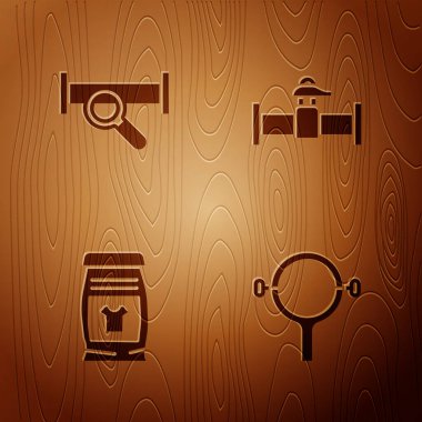 Filtre anahtarı, endüstriyel metalik boru, çamaşır deterjanı ve kapakçığı tahta arka planda ayarla. Vektör.