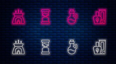 Eski kum saati, temel yağ şişesi, Aroma mumu ve merhem krem tüpü. Tuğla duvarda parlayan neon simgesi. Vektör.