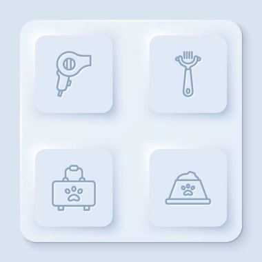 Saç kurutma makinesi, köpek ve kedi için fırça, evcil hayvan ilk yardım çantası ve yemek kasesi. Beyaz kare düğme. Vektör.