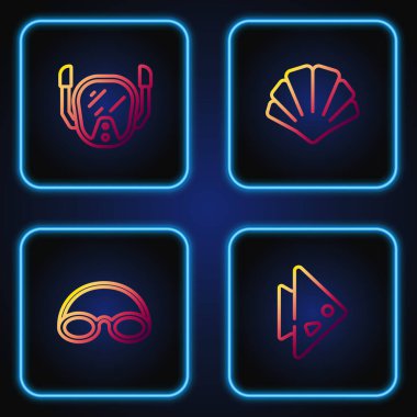 Balık, Gözlük ve Şapka, Dalış maskesi ve Deniz Kabuğu. Renk simgeleri. Vektör.