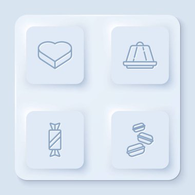 Candy 'yi kalp şeklinde bir kutuya, pudinge ve Macaron kurabiyesine yerleştir. Beyaz kare düğme. Vektör.