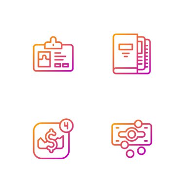 Hat Stacks kağıt para, mobil hisse senedi alım-satımı, kimlik kartı ve ofis dosyaları. Renk simgeleri. Vektör.