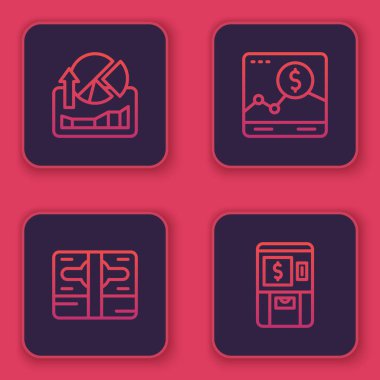 Borsa büyüme grafikleri, kağıt para yığını, internet sitesi ve ATM 'yi ayarla. Mavi kare düğme. Vektör.