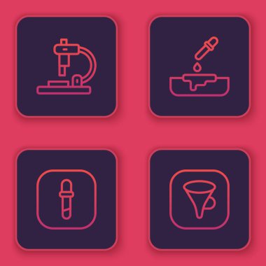 Mikroskop, Pipette, pipetli ve hunili Petri kabı veya filtreyi ayarla. Mavi kare düğme. Vektör.