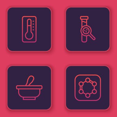 Tıbbi termometreyi, havan topuzunu, deney tüpünü ve benzen halkalarının formülünü ayarla. Mavi kare düğme. Vektör.