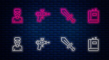 Çizgi Ray silahı, Kılıç oyunu, İnek inek ve Kitap. Tuğla duvarda parlayan neon simgesi. Vektör.
