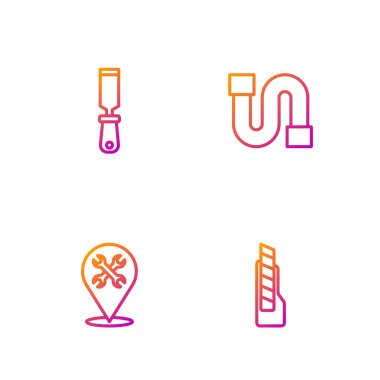 Kırtasiye bıçağı, ingiliz anahtarlı konum, Rasp metal dosyası ve endüstriyel boru. Renk simgeleri. Vektör.