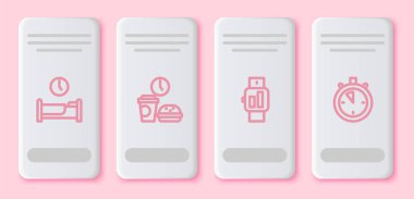 Yatma zamanı, Fast food zamanı, Smartwatch ve Stopwatch. Beyaz dikdörtgen düğme. Vektör.