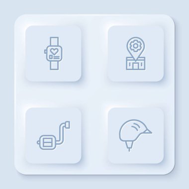 Hattı ayarla. Akıllı saat, bisiklet tamir servisi, pedal ve kask. Beyaz kare düğme. Vektör.