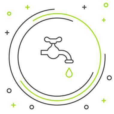 Beyaz arka planda izole edilmiş, düşen bir su damlası ikonu olan hat suyu musluğu. Renkli taslak konsepti. Vektör.