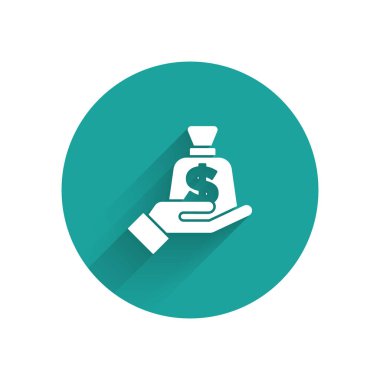 Beyaz Para, uzun gölgelerle izole edilmiş bir ikondur. Sigorta konsepti. Güvenlik, güvenlik, koruma, konsept koruma. Yeşil daire düğmesi. Vektör.