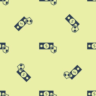 Mavi Para ve kalkan simgesi sarı arka planda izole edilmiş kusursuz desen. Sigorta konsepti. Güvenlik, güvenlik, koruma, konsept koruma. Vektör.