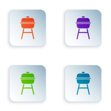 Renkli Barbekü Izgara simgesi beyaz arkaplanda izole edildi. Barbekü ızgara partisi. Kare düğmelere renkli simgeleri yerleştir. Vektör.