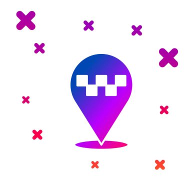 Beyaz arkaplanda izole edilmiş taksi simgesi olan renk haritası işaretçisi. Konum sembolü. Kademeli rastgele dinamik şekiller. Vektör.