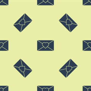 Sevgililer Günü kalp ikonlu mavi zarf sarı arkaplandaki kusursuz deseni izole etti. Mesaj aşkım. Aşk ve romantizm mektubu. Vektör.