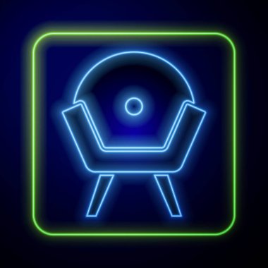 Parlayan neon koltuğu simgesi mavi arkaplanda izole edildi. Vektör.