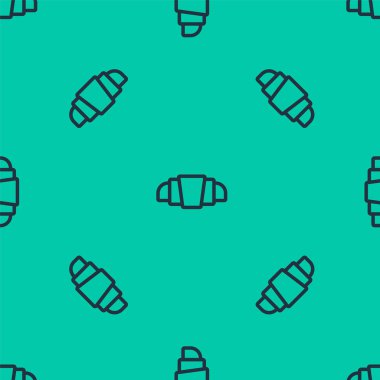 Mavi çizgi kruvasan simgesi yeşil arka planda izole edilmiş. Vektör.