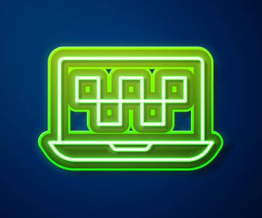 Parlayan neon hattı dizüstü bilgisayar çağrı taksi servisi ikonu mavi arkaplanda izole edildi. Vektör.