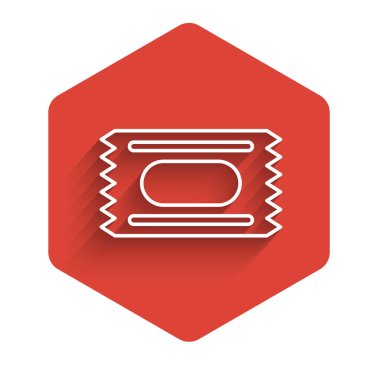 Beyaz çizgi sirk bileti ikonu uzun gölgeli izole edilmiş. Eğlence parkı. Kırmızı altıgen düğmesi. Vektör.