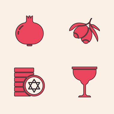 Yahudi kadehi, nar, zeytin dalı ve madeni para ikonu koyun. Vektör.