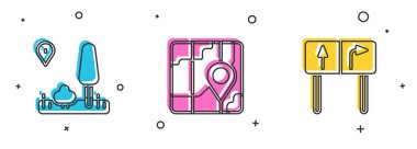 Şehir haritası navigasyonunu ve trafik işaretleri simgesini ayarla. Vektör.