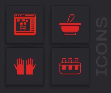 Test tüpü, matara, kimyasal maddeyi, havan topuzunu ve tıbbi lastik eldiven ikonunu çevrimiçi yapın. Vektör.