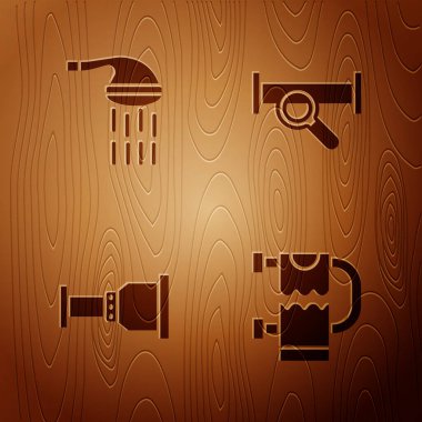 Havlu korkuluğunu, duşu, boru adaptörünü ve endüstriyel metalik boruyu ahşap arka planda ayarla. Vektör.