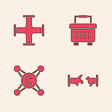 Bozuk boru, endüstriyel metalik, alet kutusu ve su musluğu simgesini ayarla. Vektör.