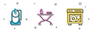 Tuvalet kağıdı rulosunu, ütü masasını ve bulaşık makinesi simgesini ayarla. Vektör.