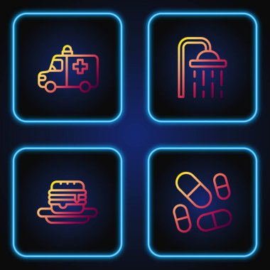 Vitamin hapı, abur cubur, ambulans, acil durum arabası ve duş başlığı. Renk simgeleri. Vektör.