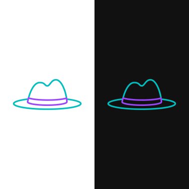 Beyaz ve siyah arkaplanda izole edilmiş kurdele ikonlu Çizgi Adam şapkası. Renkli taslak konsepti. Vektör.