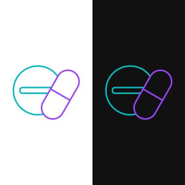 Beyaz ve siyah arkaplanda izole edilmiş çizgi ilacı veya tablet ikonu. Kapsül hapı ve uyuşturucu işareti. Eczane tasarımı. Renkli taslak konsepti. Vektör.